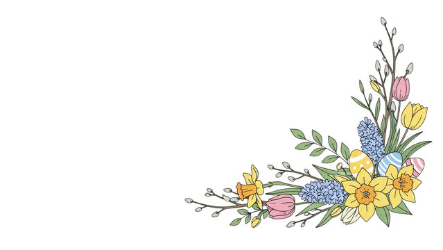 Colorful easter floral illustration corner with eggs and flowers on transparent background transparent background
