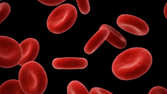 Red Blood Cells in Motion - This video depicts a close-up view of red blood cells floating against a black background, showcasing their biconcave disc shape and vibrant red color.