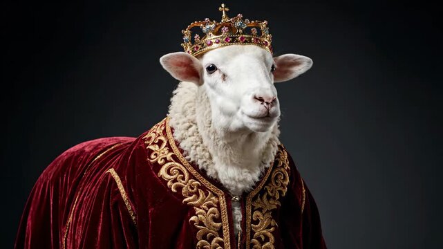 Royal Sheep in Regal Attire - The video features a sheep adorned with a golden crown and a luxurious red velvet robe embellished with intricate designs.