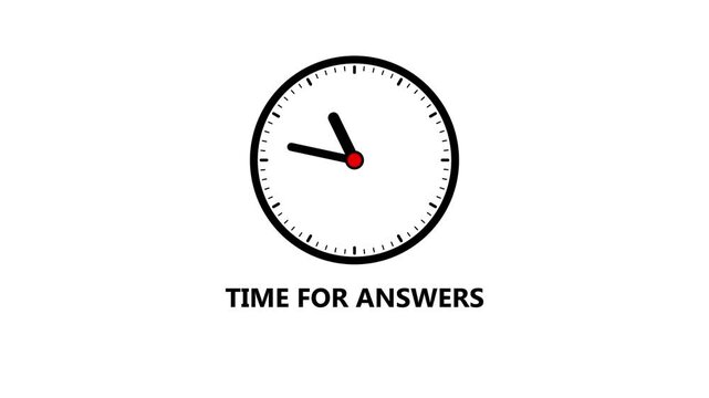 Black clock with text TIME FOR ANSWERS on a white background with minute markers time answers