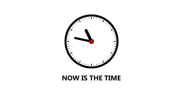 Black clock with " NOW IS THE TIME" text on white background time present