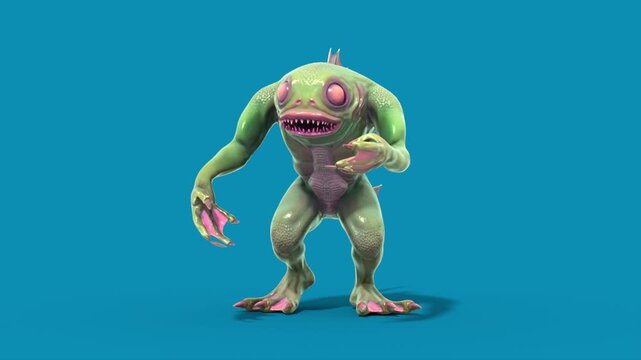 Blue Screen Fish Man Monster Walkcycle Front Loop 3D Animation Rendering CGI 4K