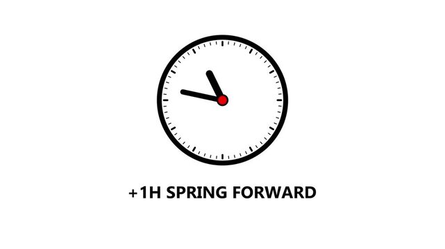 Black clock with " SPRING FORWARD" text on white background time spring forward