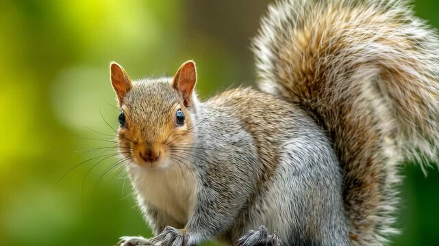 A curious gray squirrel with bushy tail standing in a natural outdoor setting with green background