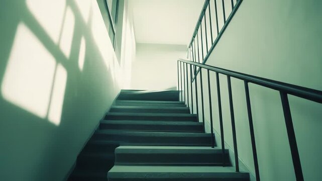 Interior staircase in a building with light shining through a window, creating shadows on the wall, and highlighting concepts of opportunity, success, and journey