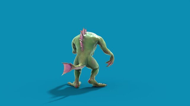 Blue Screen Fish Man Monster Walks Back 3D Animation Rendering CGI 4K