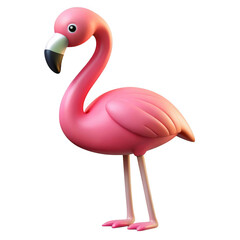 A cute cartoonish pink flamingo with a long curved neck and a distinctive beak stands gracefully on its thin legs isolated on transparent background