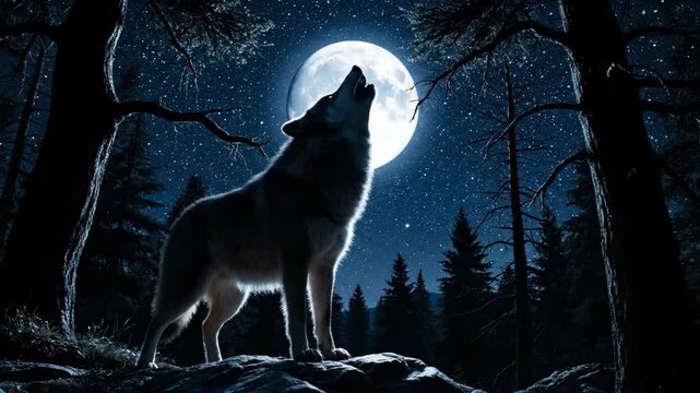 Wolf Howling at the Moon - A majestic wolf is silhouetted against a full moon, its head raised in a howl. The scene is set in a dark forest under a starry night sky.