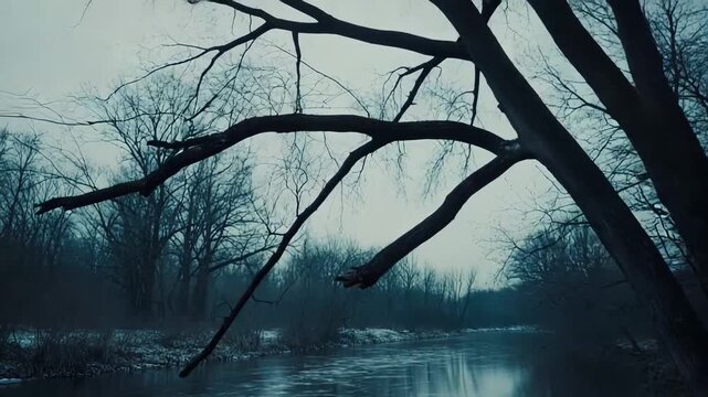 Cold river water slowly moving along its path through a frozen, bare forest, capturing the somber atmosphere of a still winter day with leafless trees under a grey sky