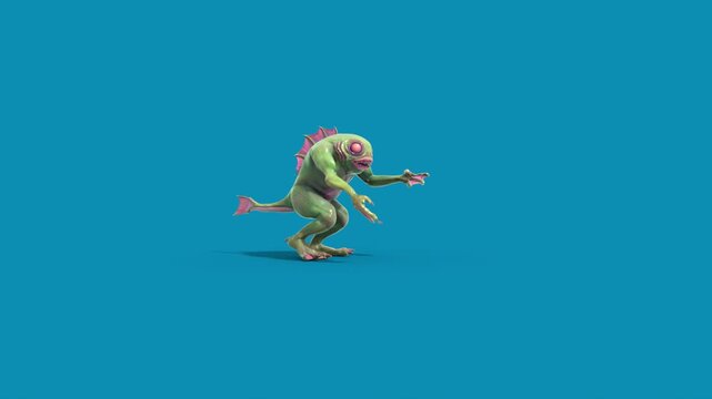 Blue Screen Fish Man Monster Walks Side 3D Animation Rendering CGI 4K