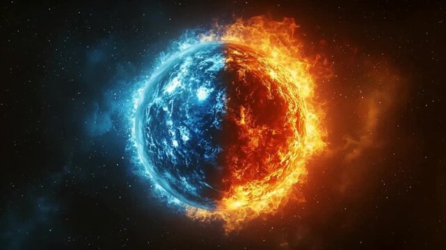 A visually striking celestial sphere, bisected by a fiery and icy contrast, evokes a powerful image of opposing forces.