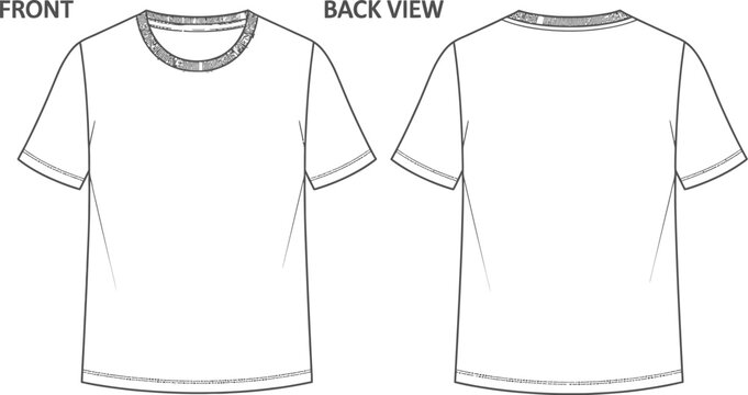 Technical fashion flat sketch illustrating the front and back views of a basic crew neck short sleeve white t-shirt design template ready for customization