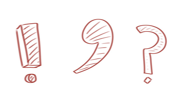set of three hand-drawn transparent punctuation marks&mdash;an exclamation point, a comma, and a question mark&mdash;in a vibrant red outline style and a sketched, casual, doodle like appearance with texture