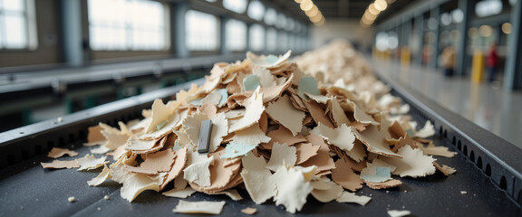 Crushed paper waste piled on conveyor belt in recycling facility  