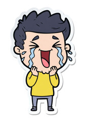 Obraz premium A cartoon sticker design of a little boy laughing with closed eyes and cute tears. A simple and adorable vector illustration for emojis, digital stickers, and humor content