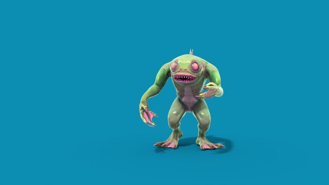 Blue Screen Fish Man Monster Walks Front 3D Animation Rendering CGI 4K