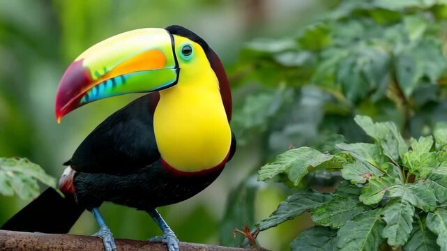 Vibrant toucan perched on branch with colorful beak and green leaves