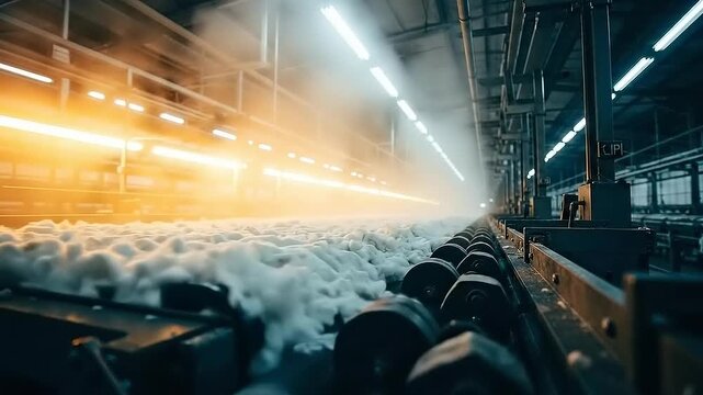 Industrial textile factory production line with cotton processing and machinery.