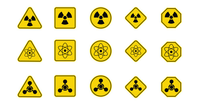 Set of 15 yellow and black warning signs for hazardous materials, radioactive contamination, and nuclear danger. Includes trefoil radiation symbols, atom icons, and biohazard designs in triangular, sq
