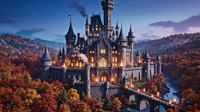 Sweeping aerial drone shot gliding over the illuminated turrets and ramparts of a massive fantasy castle nestled within an autumnal forest canopy majestic, massive fantasy castle, canopy