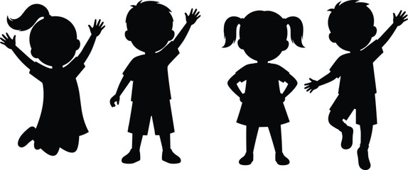 Obraz premium children, silhouette, kids, playing, jumping, happy, child, boy, girl, pose, black, shadow, flat, vector, illustration, fun, isolated, white, background, activity