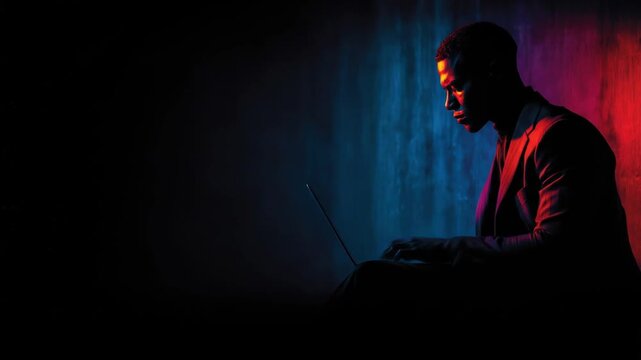 Man in suit works on laptop in dimly lit room with blue and red light