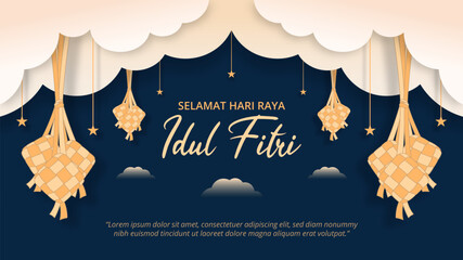 Selamat Hari Raya Idul Fitri background with hanging ketupat ornaments on dark blue background © Edoas