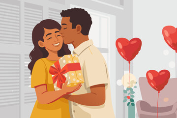 Romantic couple sharing a gift and a kiss near red balloons.