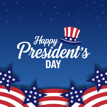 Happy Presidents Day celebration poster with american symbols and uncle Sam hat