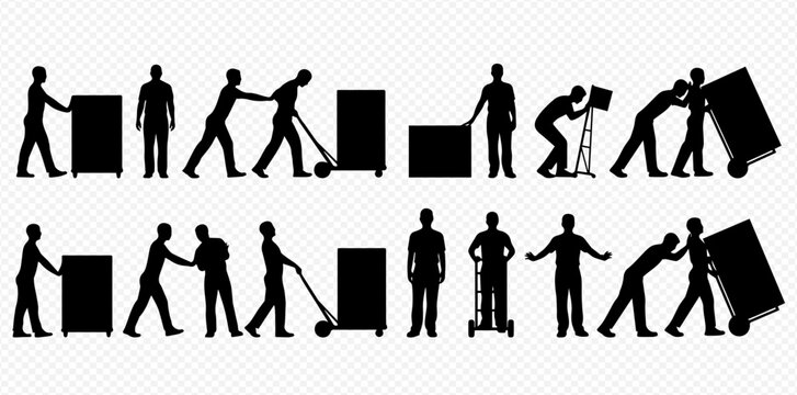Set of black silhouettes of people moving boxes and using hand trucks, depicting various stages of lifting and pushing objects, isolated on a transparent background.
