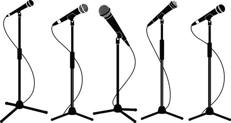 Five black silhouette microphones on adjustable stands with cables on a white background Keywords: microphone, mic, audio, sound © Shakila