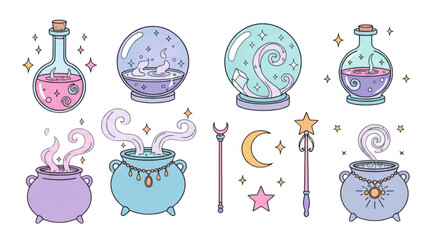 Witchcraft magic potion and cauldron pastel vector set © Ruksana Creatives