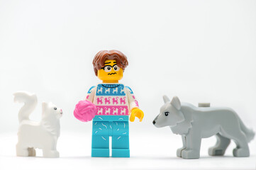 Naklejka premium LEGO minifigure: Cat Lover Man standing between a cat and a wolf on a white background