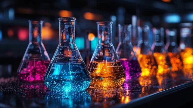 Colorful laboratory beakers filled with vibrant liquids, illuminated by an intriguing light source.