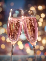 Two elegant champagne glasses with sparkling rose wine on soft bokeh background, celebration, wedding toast or luxury party concept
