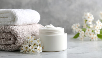 Skincare cream pot with soft towels and flowers, creating a spa and wellness background for beauty and relaxation