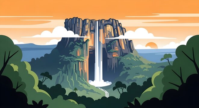 Flat vector illustration of the majestic Angel Falls at sunset, featuring the tall waterfall plunging from a plateau surrounded by lush jungle.