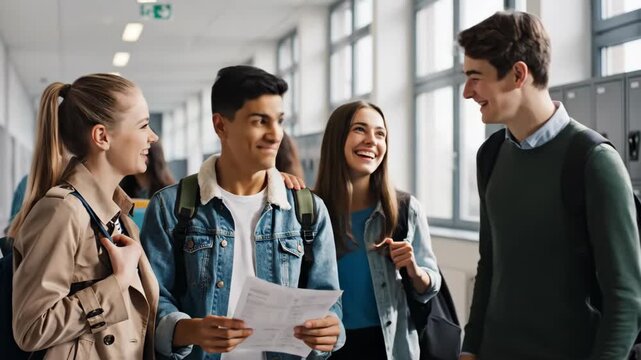 Diverse high school students checking exam results in a hallway. Group of friends celebrating good grades and success. Teenagers looking at test paper