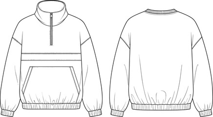 PrintTechnical fashion illustration of half zip pullover sweatshirt front and back view with kangaroo pocket and ribbed hem design © Md