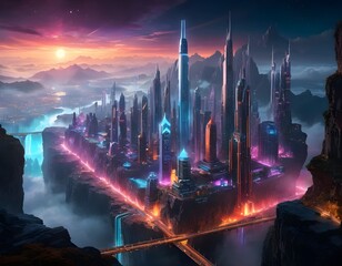Futuristic City Skyline Perched on Cliffs above Clouds with a Glowing Energy Beam