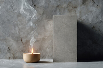 Candle burning and smoking, creating a serene, minimalist and tranquil scene on a dark stone wall background