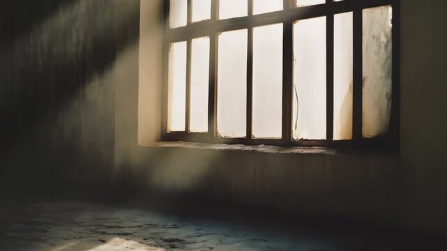 Sunlight streams through a window with bars, casting visible rays of light and shadows across the dusty floor of a dark, abandoned room, conveying themes of hope, confinement, and antiquity