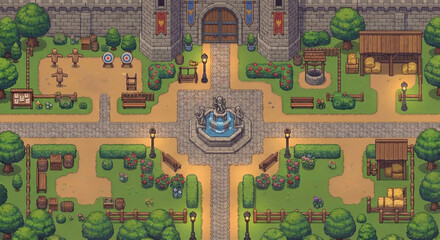 Fototapeta premium Castle Courtyard – Top-Down Pixel Art Fantasy RPG Map, 2D Game Environment, Tile-Based Level Design, Cute Colorful Indie Style, Medieval Adventure Setting, Clean Walkable Paths, No Characters, No UI