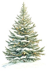 Fototapeta premium Festive holiday christmas tree adorned with golden ornaments and blanketed in snow