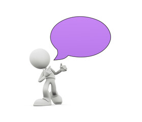 3D Character pointing to blank purple speech bubble