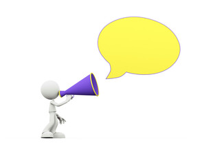 Announcement concept with a 3D figure and a blank message bubble
