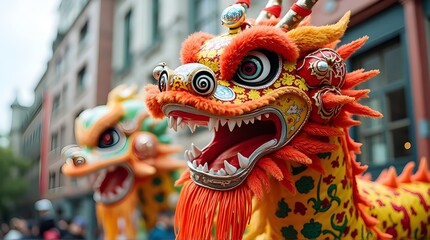 Close-up of vibrant Chinese Dragon Dance head during a street celebration, featuring red, orange, and yellow colors for Lunar New Year.