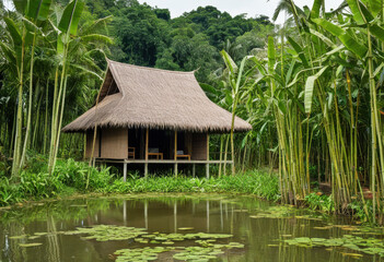 Thatched-roof bamboo hut in rural Thailand, among tropical trees, near a small pond
