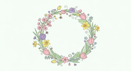 Colorful floral wreath with pink yellow and purple flowers on green background