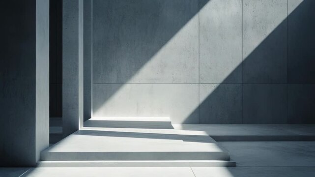 Modern minimalist architecture revealing a bare concrete interior, structured by parallel pillars and steps, creating a play of sharp diagonal sunlight and deep shadows